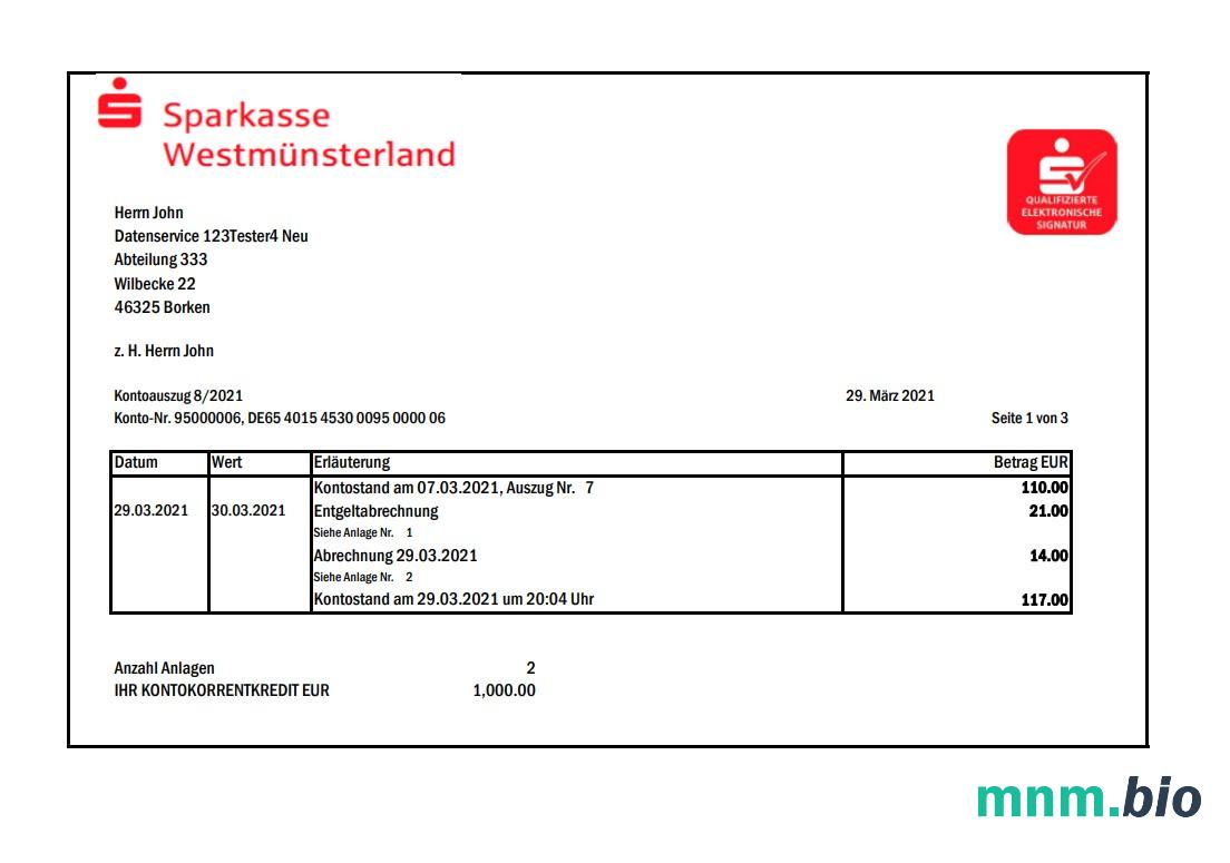 Niemcy Sparkasse Bank statement template w formacie Word i PDF